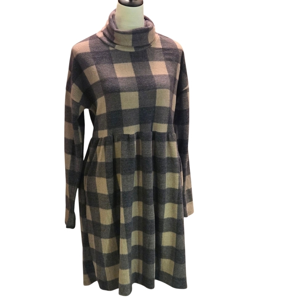 Haptics by Holly Harper Beige Gray Buffalo Plaid Turtleneck Babydoll Dress Med.